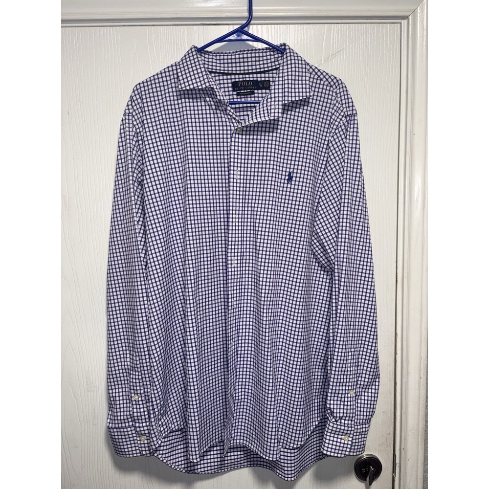 Polo Ralph Lauren Button Shirt XL Performance Purple White‎ Check Stretch- PONY